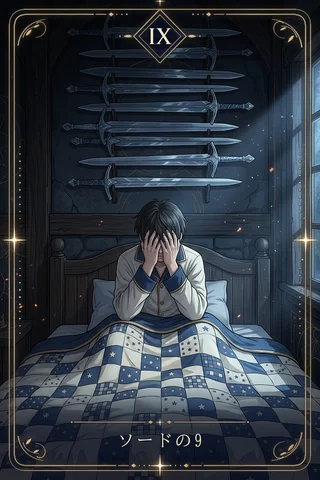 頭の中で不安が膨らみ、夜に考えが止まらなくなるという象徴性を持つ「ソードの9」のタロットカード